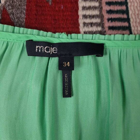 Maje Satin Pleated Mini Dress Sz 34 XS Ruffled Smocked V Neck Long Sleeves Fairy - Picture 5 of 13